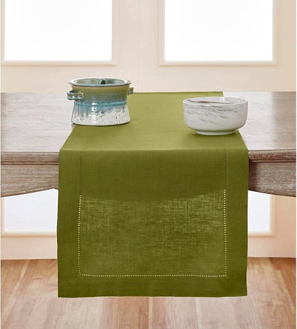 Solino Home Linen Hemstitch Table Runner 36 Inches - 100% Pure Linen Avocado Green Table Runner 14 x 36 Inch for Dresser and Coffee Tables - Winter, Spring, Easter, St Patricks Day - Classic Hemstitch