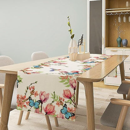 Spring Flower Table Runner, Seasonal Rustic Garden Flowers Bird Butterfly Print Table Runner for Home Kitchen Table Decor, 13x60inch