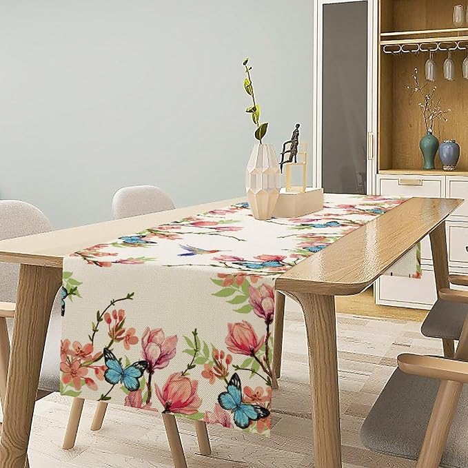 Spring Flower Table Runner, Seasonal Rustic Garden Flowers Bird Butterfly Print Table Runner for Home Kitchen Table Decor, 13x36inch