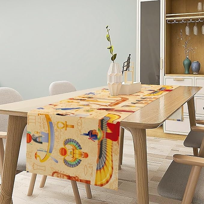 Egypt Table Runner, Ancient Egyptian Mythology Gods Hieroglyphic Elements Retro Farmhouse Table Runner for Home Kitchen Dining Party Indoor Outdoor 13x60in