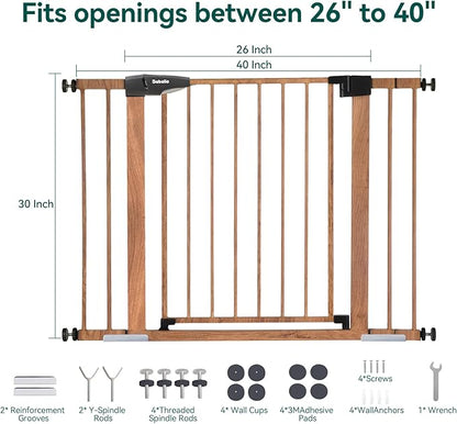 Mom's Choice Award Winner-BABELIO 26-40" Metal Baby Gate with Wood Pattern, PressGuard C5 Easy Install Pressure Mounted Dog Gate for Stairs and Doorways, with Wall Protectors and Extension Kits