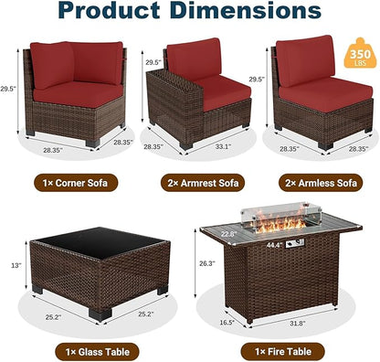7 Piece Patio Furniture Set with Fire Pit Table, Outdoor Conversation Sets Wicker Rattan Sectional Sofa with Coffee Table, 4'' Thickened Cushion Wine Red (Include Waterproof Cover)