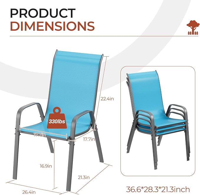 TLSUNNY Patio Chair, Outdoor Stackable Textilene Chairs Set of 6, Sky Blue | - Image 2