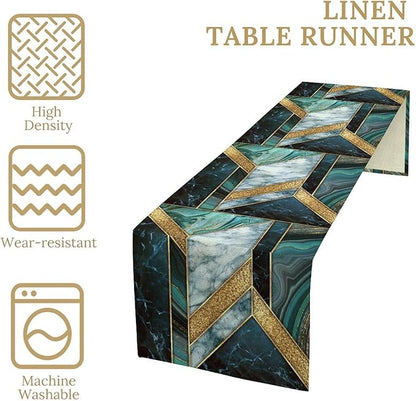 Marble Table Runner, Dark Green Gold Modern Mosaic Design Table Runner Decoration for Kitchen Family Dinner Table Holiday Party Farmhouse 13x108in