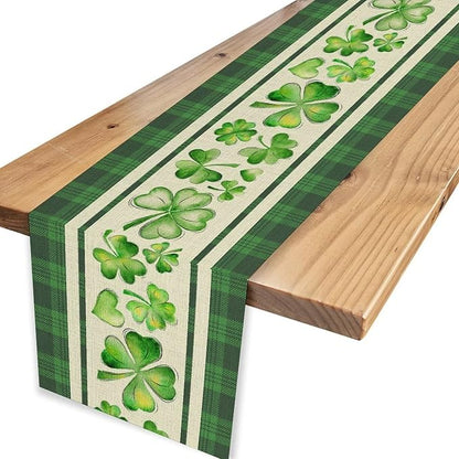 St.Patrick's Day Table Runner,Vinatge Rustic Green Buffalo Plaid White Shamrock Watercolor Table Center Decor for Home Kitchen Dining Patio Holiday Party Indoor Table Decorations, 13"x108"