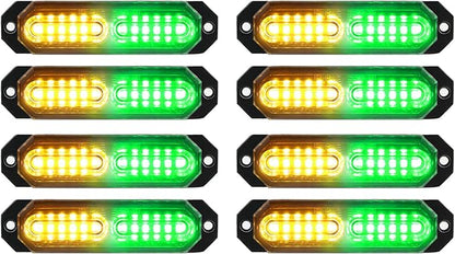 ASPL 8pcs Sync Feature Ultra Slim 12-LED Surface Mount Flashing Strobe Lights for Truck Car Vehicle LED Mini Grille Light Head Emergency Beacon Hazard Warning Lights (Amber/Green)