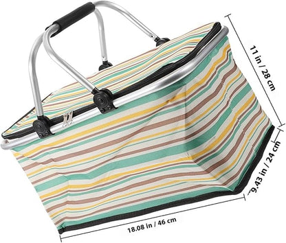 Wear-Resistant Insulated Picnic Basket and Foldable Shopping Tote for Outdoor Dining with Thick Aluminum Foil Lining, Yellow-Green Pattern, No Ice Pack, Vehicle Use and Food