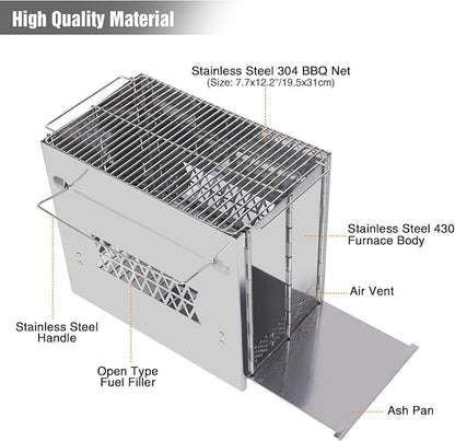 REDCAMP Wood Burning Folding Camp Stove Stainless Steel Grill, Rectangle Style Portable Collapsible Backpacking Stove Survival Rocket Stove for Hiking Outdoor Tent Camping Picnic BBQ, Large