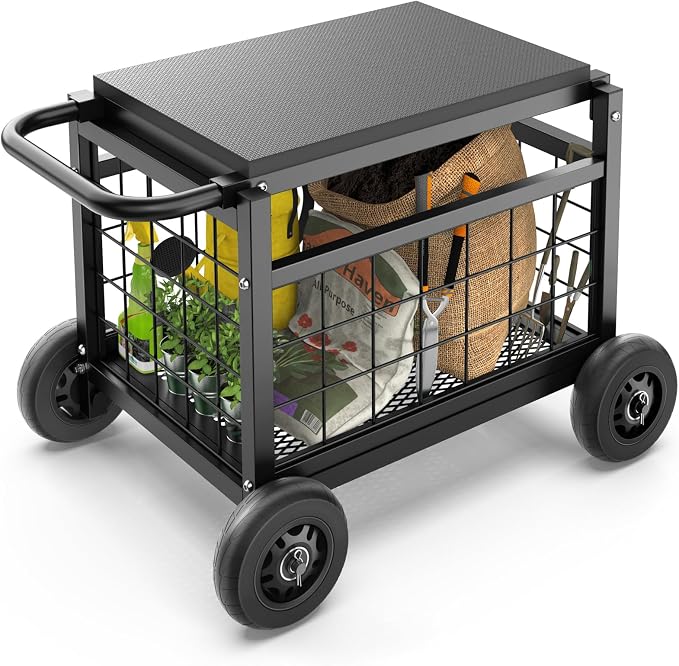 Garden Cart with Seat, 3-in-1 Rolling Seat with Wheels by FlinterOfficial