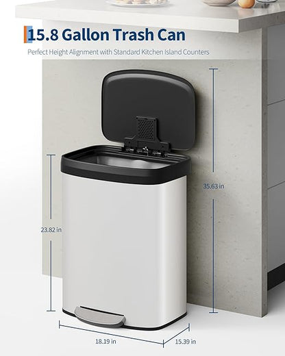 Garvee 16 gal / 60 L Metal Trash Can with Lid, Large Garbage Can for Kitchen, Rustproof Step-on Kitchen Metal Trash Bin with Liner Rim, Rear Handle, Soft Close Plastic Lid, White