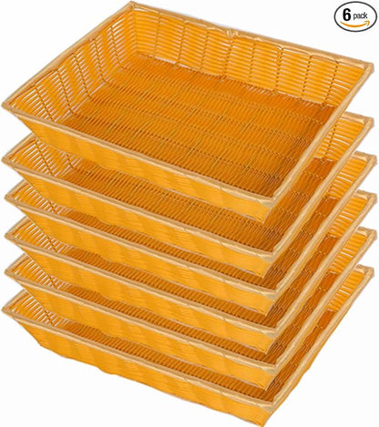6 Pack Woven Bread Baskets, Stackable Imitation Rattan Wicker Fruit Baskets,Rectangle Wicker Basket for Fruit, Bread, Vegetable, Restaurant, Outdoor, 14x10x3 Inch