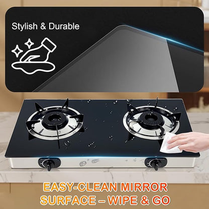 2 Burner Propane Gas Stove, Portable Tempered Glass Camping Stove Propane with Auto-Ignition, 20472 BTU Burners for Cooking, Outdoor, Camping, RV & Emergency Use