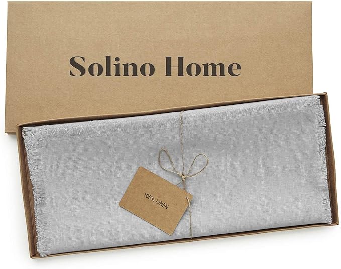 Solino Home Linen Light Grey Table Runner 108 Inches Long - Fringe, 100% Pure Linen Dining Table Runner 14 x 108 Inch for Spring, Easter - Handcrafted and Machine Washable