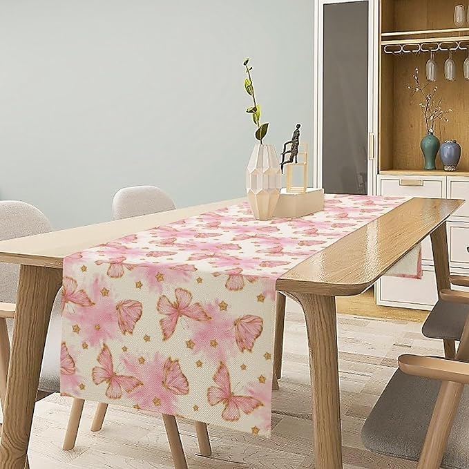 Watercolor Butterfly Table Runner, Cute Pink Butterfly Spring Modern Aesthetics Print Table Runner for Holiday Kitchen Dining Outdoor Home Party 13x70in
