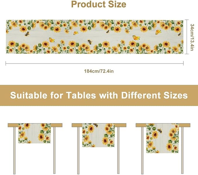 Sunflower Table Runner, Yellow Floral Flower Butterfly Country Rustic Table Runner for Outdoor Home Party Kitchen Dining Holiday 13x70in