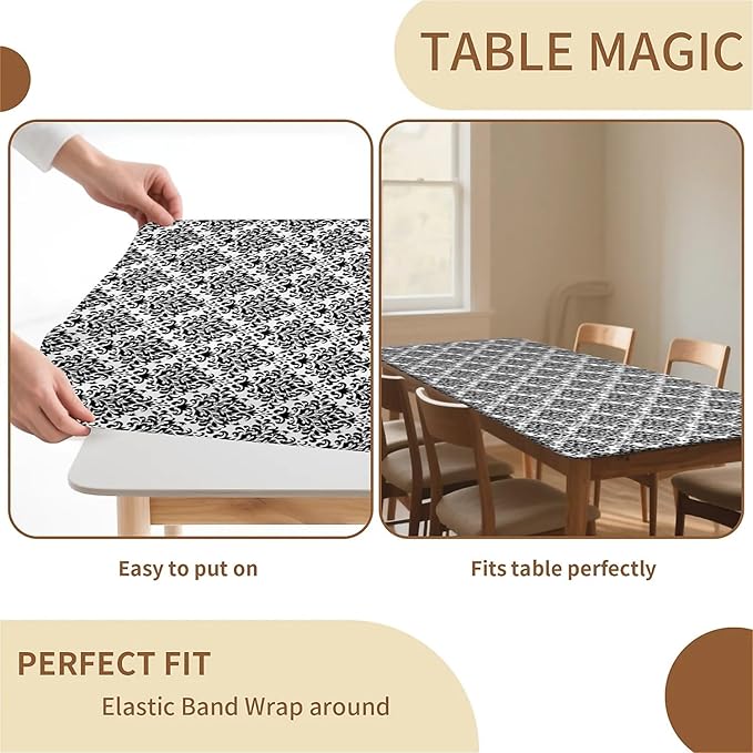 Rectangle Table Cloth Cover Waterproof Elastic Fitted Polyester Fitted Tablecloths for 6 Foot Tables for Indoor,Picnic, Camping, Outdoor （60" x 30"，Flower Geometry）