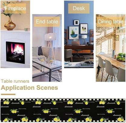 Lemon Table Runner,White Black Buffalo Plaid Watercolor Summer Fruit Print Table Runner for Kitchen Dining Table Indoor Outdoor Home Party Decor 13x120in
