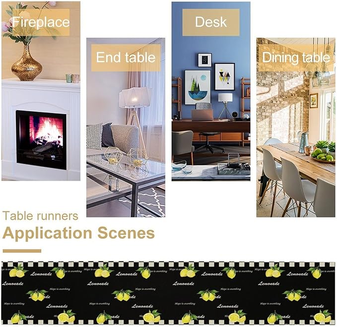 Lemon Table Runner,White Black Buffalo Plaid Watercolor Summer Fruit Print Table Runner for Kitchen Dining Table Indoor Outdoor Home Party Decor 13x90in