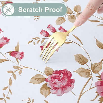 misaya Rectangle Waterproof Vinyl Table Cloth, Plastic Tablecloth with Flannel Backing, Wipeable Table Cover for Dinner, Picnic, Indoor and Outdoor (Pink Flowers, 60" x 120")