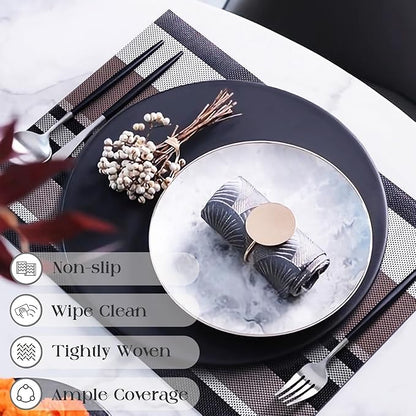 Set of 6 Colorful Striped Vinyl Placemats Heat-Resistant Washable Placemats Non-Slip Woven Table Mats Wipeable Placemat for Kitchen Dining Table Decoration Indoor Outdoor (Black&Grey)