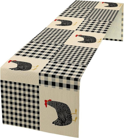 Farm Animal Table Runner, Chicken Hen Black White Buffalo Plaid Check Farmhouse Chick Table Runner for Home Kitchen Holiday Dining Party 13x108in