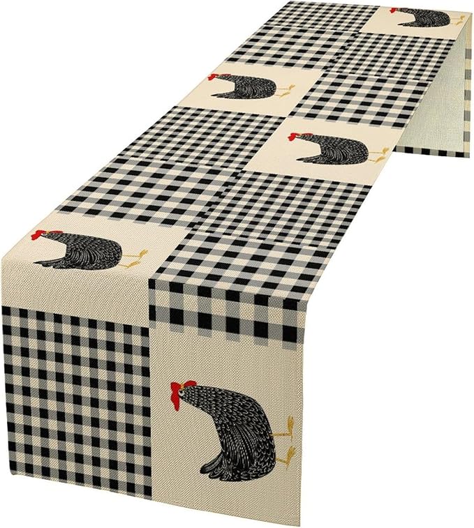 Farm Animal Table Runner, Chicken Hen Black White Buffalo Plaid Check Farmhouse Chick Table Runner for Home Kitchen Holiday Dining Party 13x36in