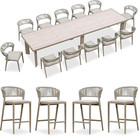 PURPLE LEAF 13 Pieces Outdoor Dining Set Patio Table and Chairs Set Aluminum Rattan Wicker Patio Furniture Set for Lawn Porch Deck Champagne with Counter Stools