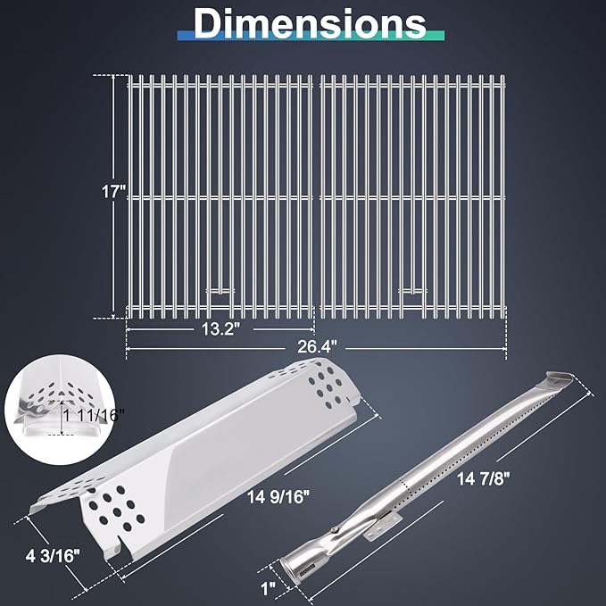Grill Replacement Parts for Nexgrill 5 Burner 720-0888N, 720-0888, 4 Burner 720-0830H, 720-0783E. 17 Inch Grill Grates, Heat Plates Shield, Burner Tubes and Igniters Kit for Home Depot Nexgrill Parts.