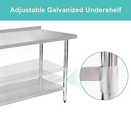 Stainless Steel Work Table 18 x 48 Inch, NSF Commercial Prep Table with Undershelf, Heavy Duty Food Prep Workstation with Backsplash