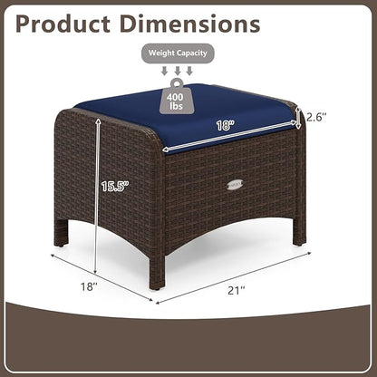 Tangkula 2 Pieces Outdoor Patio PE Wicker Ottomans with Removable Cushions, Outdoor Furniture for Additional Seating, Footrest and Side Table, Outdoor Footstools for Porch, Garden and Backyard
