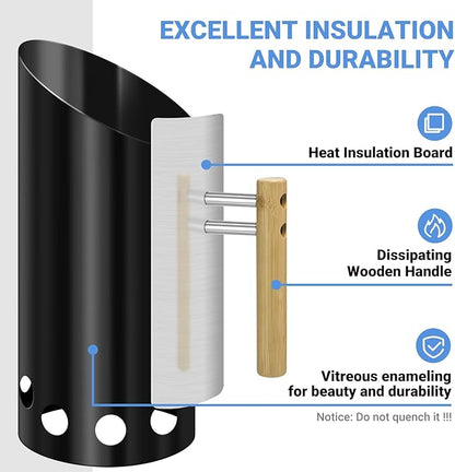 Charcoal Chimney Starter with Doubel Air Volume BBQ Fan and Insulation Gloves Set,Double Enameled Chimney Starter for Charcoal Grill with Wood Handle Insulation and Easy Grip