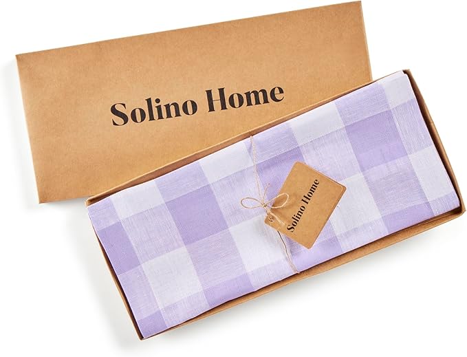 Solino Home Linen Checkered Table Runner 108 Inches Long - 100% Pure Linen Buffalo Check Misty Lavender Table Runner 14 x 108 Inch Ideal for Dining, Valentines, Spring, Easter
