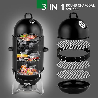 4-Tier 3-in-1 Vertical Charcoal Grill, BBQ Charcoal Smoker with Built-in Thermometer, Air Vent, and Access Doors, Perfect for Camping, Picnics, Backyard BBQs, and Tailgating Parties