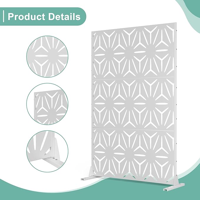Metal Privacy Screen for Outdoor & Indoor Use, Free Standing Privacy Screen for Patio Garden Pool, 72" H x 47" W Decoative Privacy Panels, Weather Resistant, Easy Assembly (White Star)