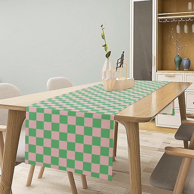 Retro Checkered Table Runner, Cute Pink Green Checkerboard Vintage Hippie Modern Aesthetic Table Runner for Party Kitchen Dining Home Outdoor Banquet 13x90in