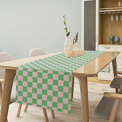 Retro Checkered Table Runner, Cute Pink Green Checkerboard Vintage Hippie Modern Aesthetic Table Runner for Party Kitchen Dining Home Outdoor Banquet 13x90in