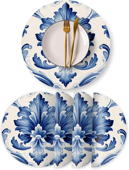 Faux Leather Placemats Set of 4,Watercolor Blue and White Porcelain Patterns Round Ding Table Placemat Heat-Resistant Waterproof Non-Slip Place Mats for Uitable for Indoor & Outdoor,13inch