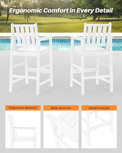 Adirondack Bar Chair Set of 2, HDPE Tall Adirondack Chairs Bar Stools with Footrest, Outdoor Bar Height Stool Chair Set, HDPE Patio Barstools Set for Balcony, Porch, Deck, Pool, Pearl