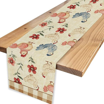 Farmhouse Rooster Table Runner, Rustic Farm Chicken Brown Plaid Flower Plant Watercolor Coffee Table Center Decor for Home Kitchen Dining Patio Party Indoor Outdoor Table Decorations, 13" X 108"