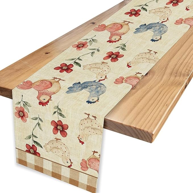 Farmhouse Rooster Table Runner, Rustic Farm Chicken Brown Plaid Flower Plant Watercolor Coffee Table Center Decor for Home Kitchen Dining Patio Party Indoor Outdoor Table Decorations, 13" X 72"