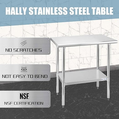 Hally Stainless Steel Table for Prep & Work 24 x 36 Inches, NSF Commercial Heavy Duty Table with Undershelf and Galvanized Legs for Restaurant, Home and Hotel