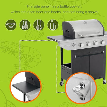 Zateety 4 Burner Propane Grill - 46,500 BTU Gas Grill with Side Burner, Stainless Steel with Iron Cast Grates for Outdoor Cooking, Patio, Camping BBQ, Garden Barbecue Grill, Black and Silver