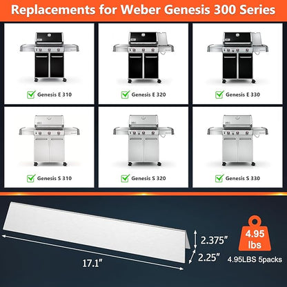 QuliMetal 17.5 Inch Flavorizer Bars for Weber Genesis 300, Genesis E-310 E-320 E-330 Grills with Front Controls Knobs (2011-2016), Stainless Steel Grill Heat Plates for Weber 7620 7621