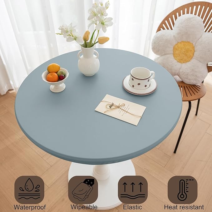 Round Fitted PU Tablecloth with High Elastic Edge 24 Inch Dia Waterproof Oil Proof Table Cloth Anti-Scald Stain-Resistant Wipeable Table Cover for Indoor Outdoor Picnic (Blue,24" Dia)