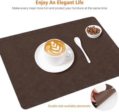 Vinyl Placemats Set of 6 Heat Resistant Easy Clean Non-Slip Place Mats for Dining Table. Faux Leather Waterproof Stain Resistant Wipeable Washable PU Table Mats(6, Brown)