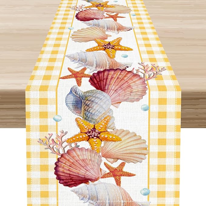 Coastal Table Runners, Yellow Plaid Buffalo Nautical Ocean Starfish Coral Seashell Pearl Beach Summer Coffee Table Center Decor for Family Wedding Holiday Party Farmhouse Table Decorations, 13" X 72"