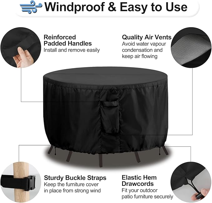 OutdoorLines Outdoor Waterproof Patio Table Furniture Set Covers - Round Couch Sectional Cover Outside Weatherproof Patio Furniture Covering for Deck, Lawn and Backyard 96" DIA x 28" H, Black