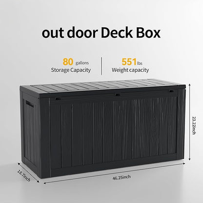 80 Gallon Resin Deck Box, Waterproof Outdoor Storage Box for Patio Furniture, Garden Tools, and Pool Accessories, Lockable UV-Resistant Storage Bin Bench Cabinet for Outside, Black