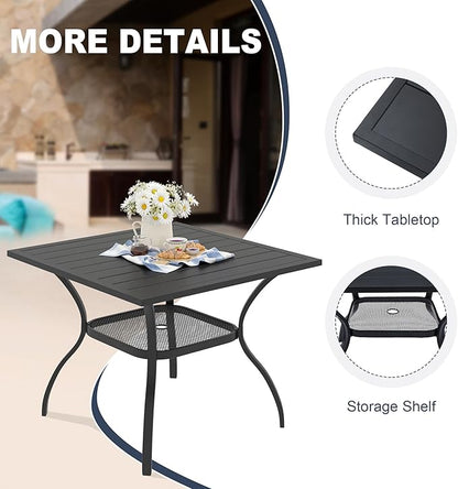 VICLLAX Patio Dining Table for 4 Square Metal Outdoor Table with Umbrella Hole and Storage Shelf for Garden Lawn Balcony Deck, Black