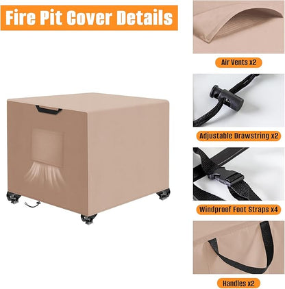 Kovshuiwe Porch Shield Fire Pit Cover Square-600D Fabric Waterproof and Resistant, Fits Outdoor For 27-30 Inch Fire Pit /Table Cover, Gas Fire Pit Cover-30"L x 30"W x 24"H, Khaki